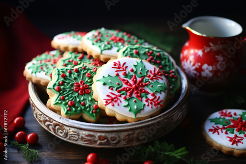Winter berries sugar cookies with red and green icing. Delicious gingerbread Christmas cookies. Generative AI