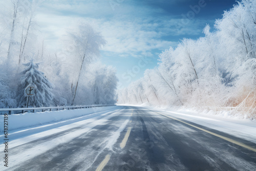 Snowy winter road in a forest. Beautiful winter landscape. Generative AI © barmaleeva