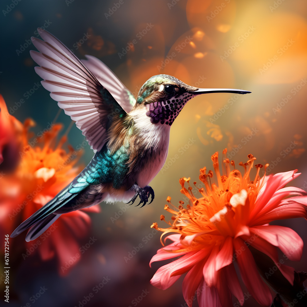 Fototapeta premium An in flight hummingbird feeding from a beautiful flowers, bokeh background nature.