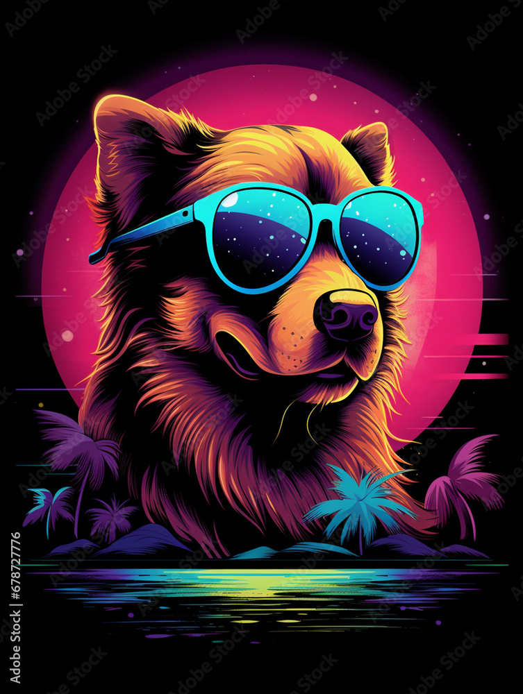 Retro-wave inspired T-shirt design featuring a dog in sunglasses created with Generative Ai
