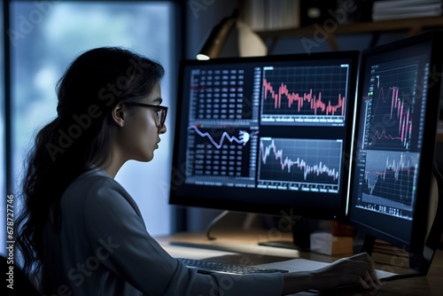 Woman Studying Financial Data on Multiple Computer Screens, ai generative