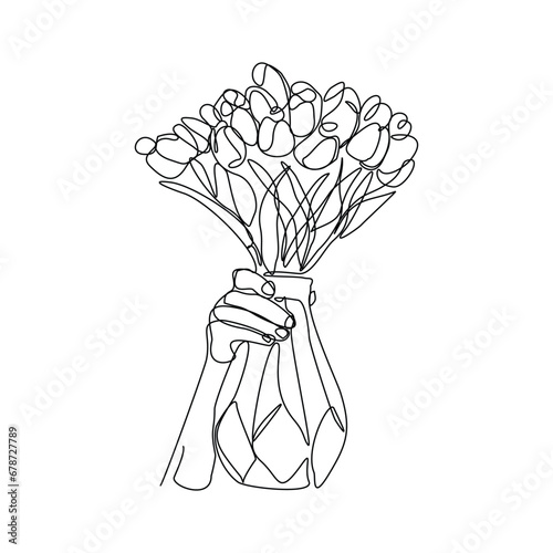 Continuous single line of hand holding beautiful romantic aesthetic flower in vase glass jar. One line art of people carrying romantic flower bouquet decoration vector illustration