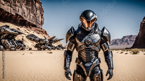 Alien Cyborg Robotic Warrior lands in the Desert Background Backdrop Wallpaper Cover Magazine Cover Poster Moviecard Generative AI Digital Art Brainstorming Story
