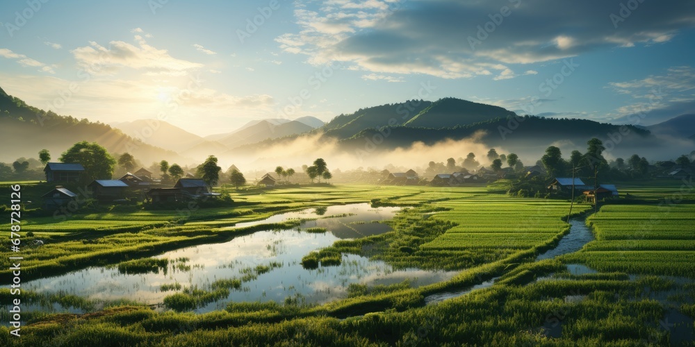 Natural landscape of a rice plantation in the highlands, fog early in the morning. Generative AI