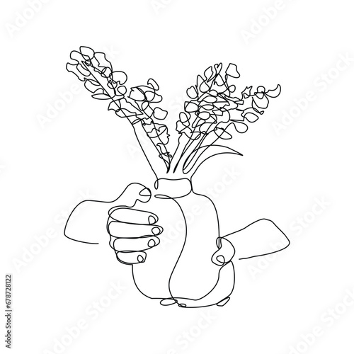 Continuous single line of hand holding beautiful romantic aesthetic flower in vase glass jar. One line art of people carrying romantic flower bouquet decoration vector illustration