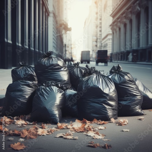 garbage bags in the street ecological problems background