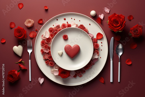 Elegant table setting with roses, hearts, and petals for a romantic dinner for two for Valentine's Day photo