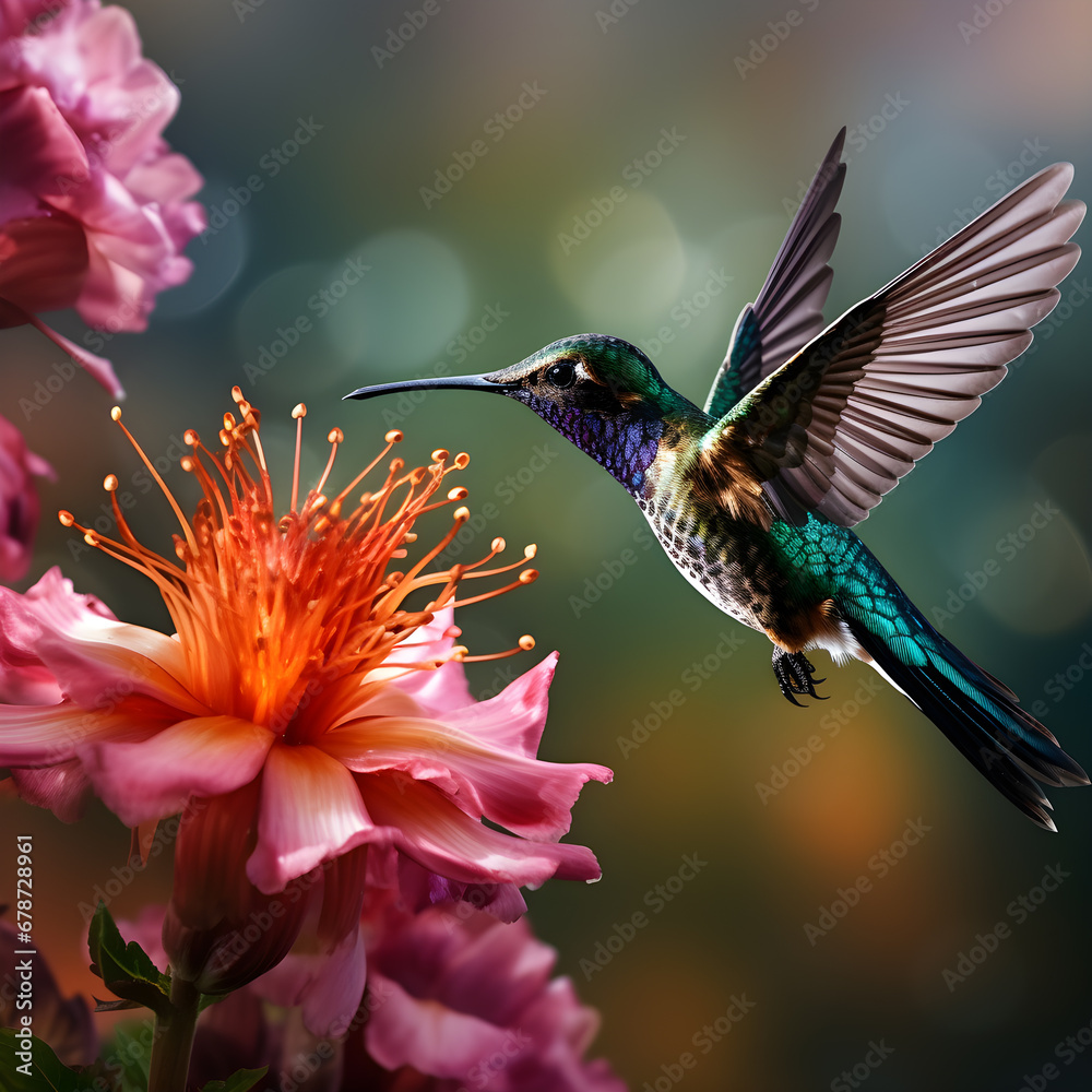 Fototapeta premium An in flight hummingbird feeding from a beautiful flowers, bokeh background nature.