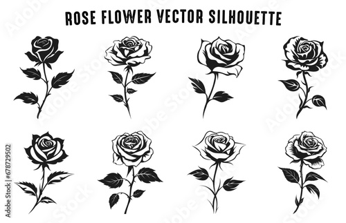 Rose Flower Vector black Silhouettes isolated on a white background, Set of decorative roses with leaves Clipart
