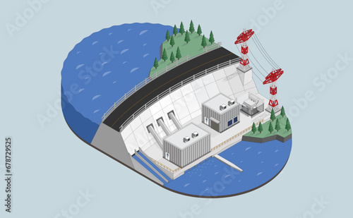 hydro energy, hydro power plant with isometric graphic