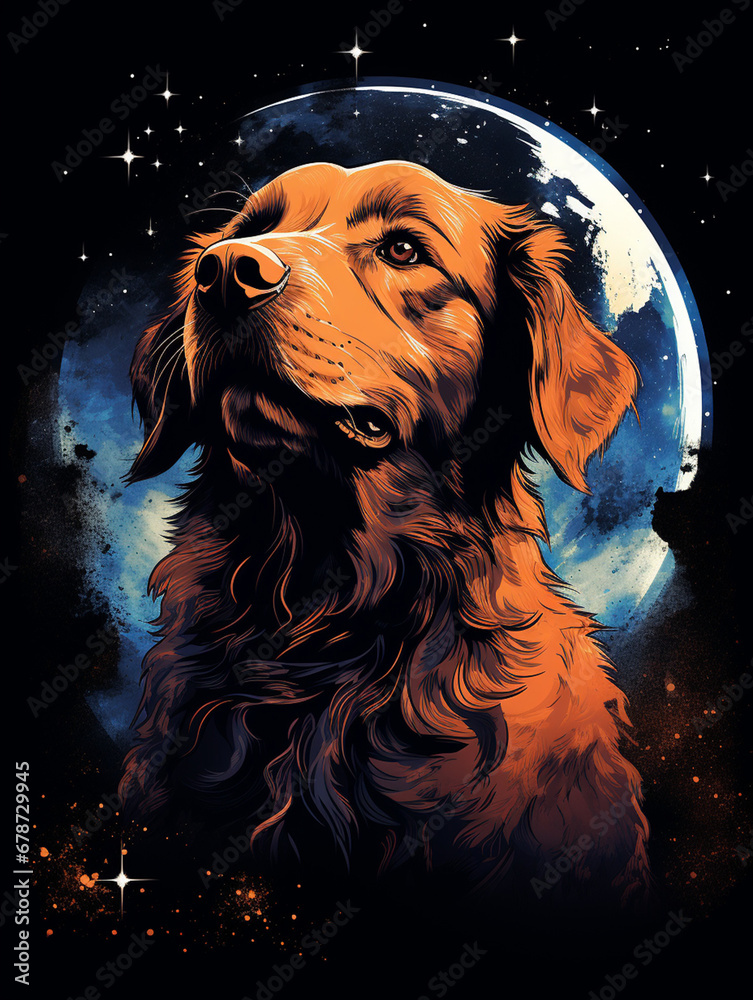 T-shirt design for a black shirt showcasing dog with the moon in the background, rendered in a solarization and wild style technique, visually striking imagery created with Generative Ai