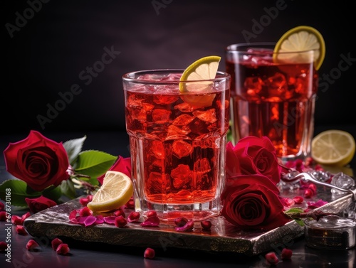 Hibiscus Tea in Glass Cup, Dry Rose Drink, Cold Fruit Red Tea, Iced Karkade in Transparent Mug