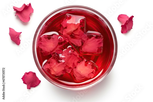 Hibiscus Tea, Dry Rose Drink, Cold Fruit Red Tea in Transparent Mug, Roselle Hibiscus Tea
