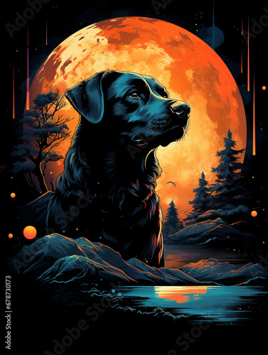 T-shirt design for a black shirt showcasing dog with the moon in the background, rendered in a solarization and wild style technique, visually striking imagery created with Generative Ai photo