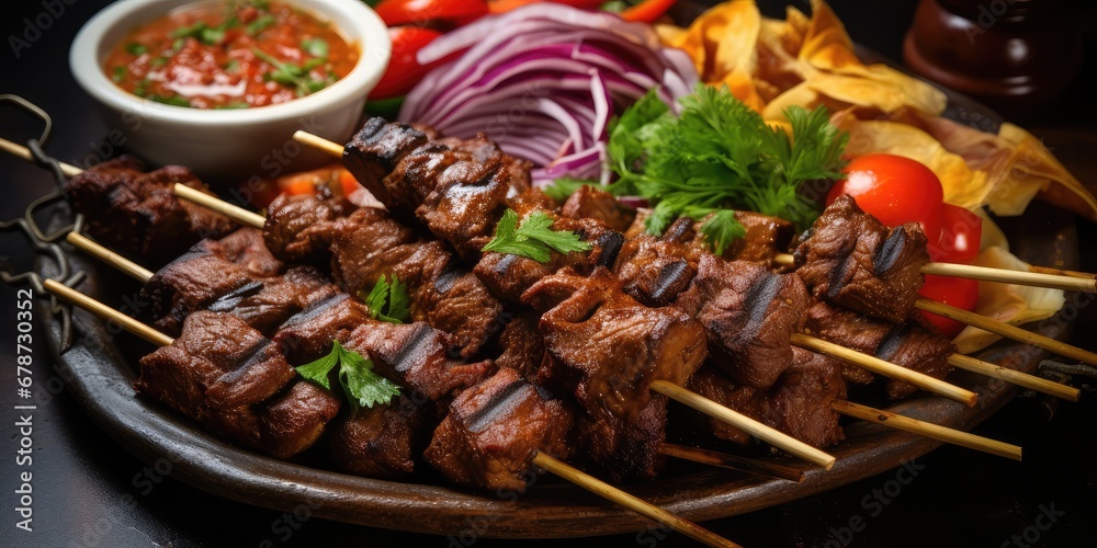 Moroccan Beef Kebab on Skewers, Traditional Arabian Food, Mutton Shashlik, Skewered Grilled Veal Meat