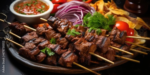 Moroccan Beef Kebab on Skewers, Traditional Arabian Food, Mutton Shashlik, Skewered Grilled Veal Meat