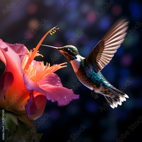 An in flight hummingbird feeding from a beautiful flowers, bokeh background nature.