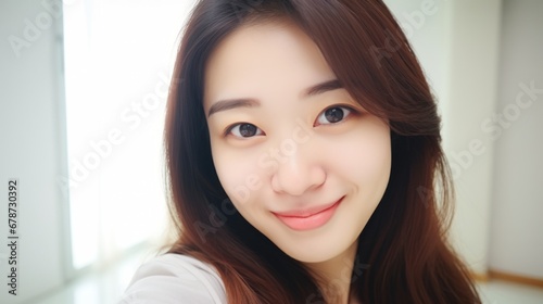 Portrait of wonderful ordinary asian young girl expressing energy in good day. Lovely woman making selfie at home closeup