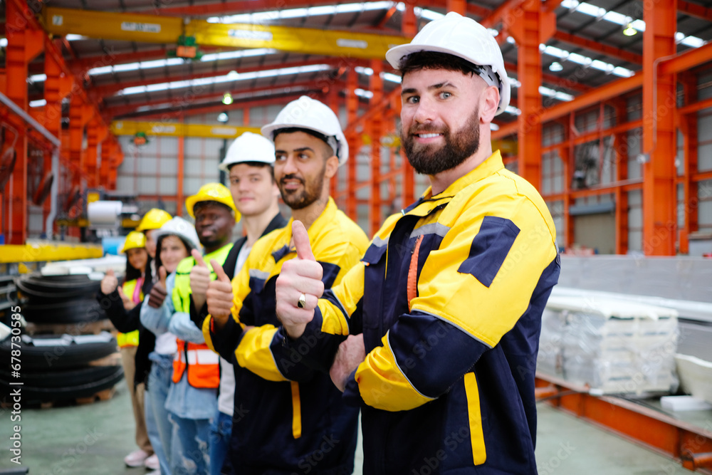 The engineering team and employees are happy to wear safety helmets. Smiling, happy working in the factory. The engineering team and employees are happy to wear safety helmets. Smiling, happy working in the factory.
