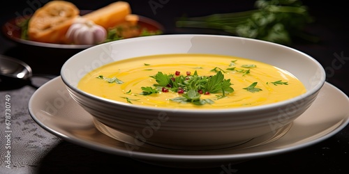 Red Lentil Soup, Yellow Cream Puree, Ramadan Food, Pumpkin Vegetarian Dish, Orange Lentil Soup in Bowl photo