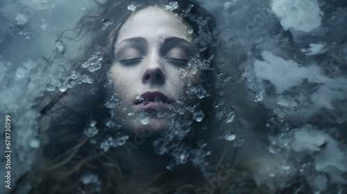 portrait of women under  the frozen water