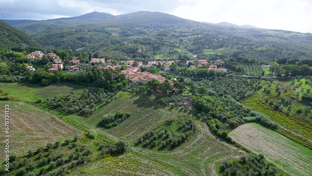 Fantastic aerial view flight drone Tuscany meditative fall valley village Italy Fantastic aerial view flight drone Tuscany meditative fall valley village Italy