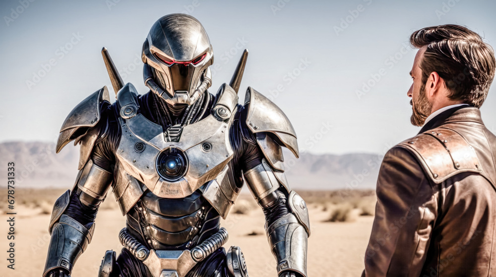 Fototapeta premium Alien Cyborg Robotic Warrior lands in the Desert Background Backdrop Wallpaper Cover Magazine Cover Poster Moviecard Generative AI Digital Art Brainstorming Story
