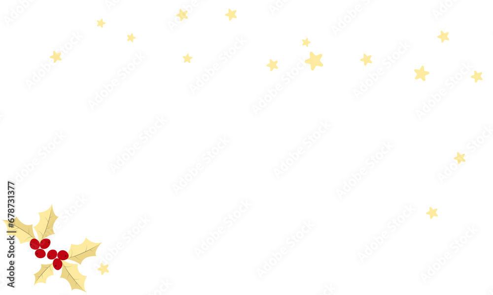 Christmas Frame with Golden and White Stars and Christmas Plant, Festive Background, New Year