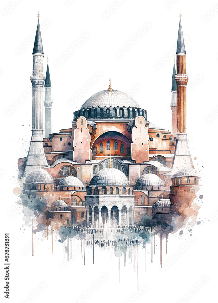 Naklejka premium Watercolor Majesty: Hagia Sophia Isolated Artwork