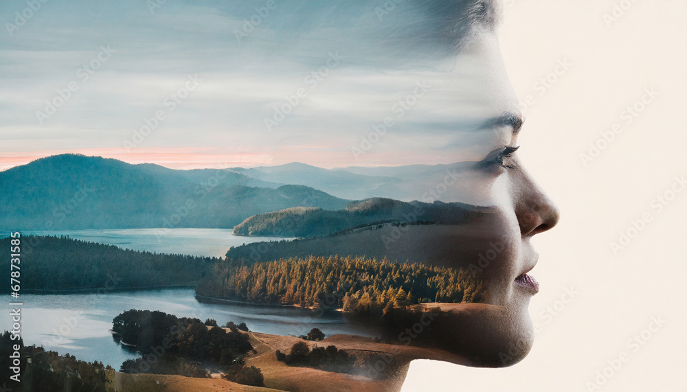 Female profile double exposed with an imaginary landscape to create an atmospheric mood