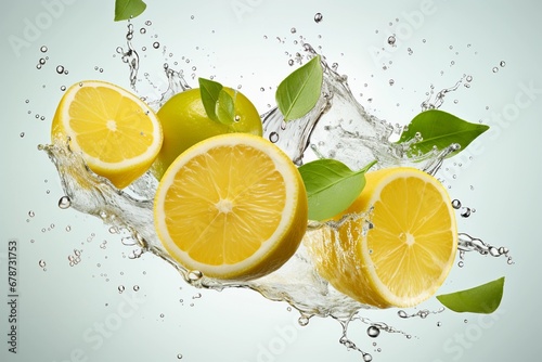 Levitation of juicy lemons with splashes of water on light background.