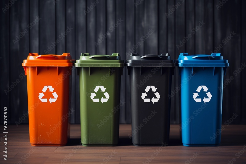 Multicolored trash cans with recycle symbols on them on wooden background. Eco recycling concept. Multicolored trash cans with recycle symbols on them on wooden background. Eco recycling concept.