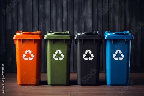 Multicolored trash cans with recycle symbols on them on wooden background. Eco recycling concept.