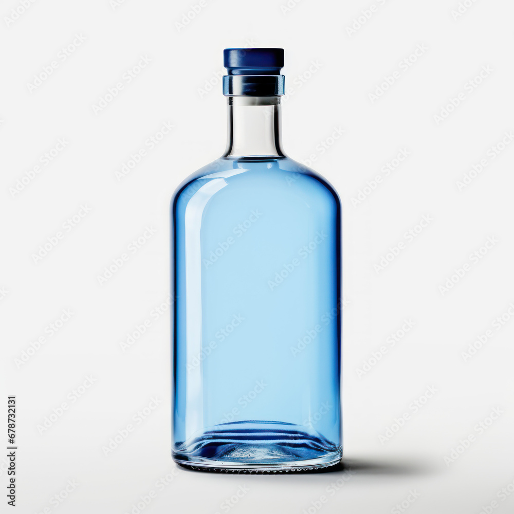 Clear Blue Glass Whiskey, Vodka, Gin, Rum Bottle Mockup on white backgorund Clear Blue Glass Whiskey, Vodka, Gin, Rum Bottle Mockup on white backgorund