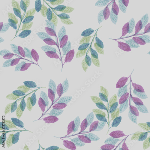 Leafy Branch Green Blue Purple Seamless Repeat Pattern