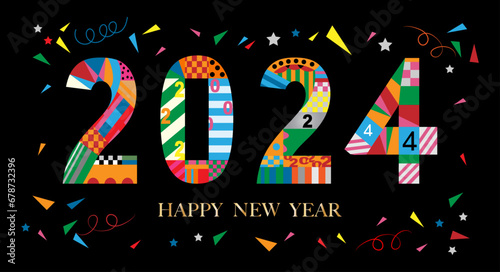 Happy new year 2024 design,Colourful geometric style on black background,Vector Typography text deco design for poster, banner,greeting,Christmas,New year 2024 celebration,Xmas Party invitation