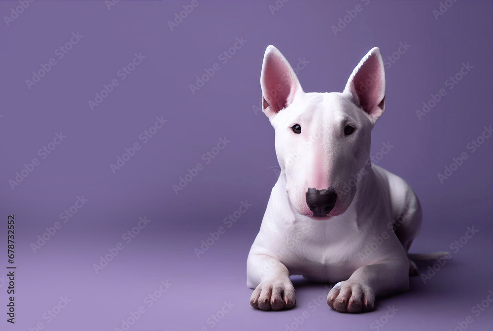 Miniature Bull Terrier on a purple background. With free space for text