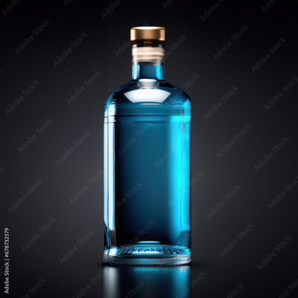Clear Blue Glass Whiskey, Vodka, Gin, Rum Bottle Mockup on dark backgorund Clear Blue Glass Whiskey, Vodka, Gin, Rum Bottle Mockup on dark backgorund