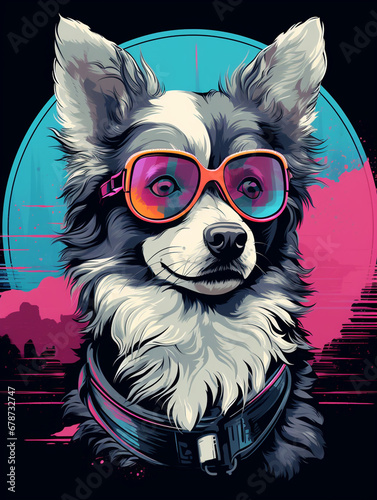 t-shirt design  Headshot of a dog wearing large sunglasses and a leather jacket. Background retro vibe created with Generative Ai