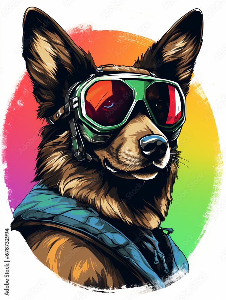 Fototapeta premium t-shirt design, Headshot of a dog wearing large sunglasses and a leather jacket. Background retro vibe created with Generative Ai