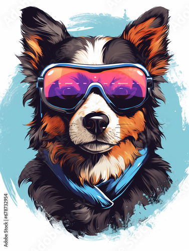 t-shirt design, Headshot of a dog wearing large sunglasses and a leather jacket. Background retro vibe created with Generative Ai © Andrii Yablonskyi