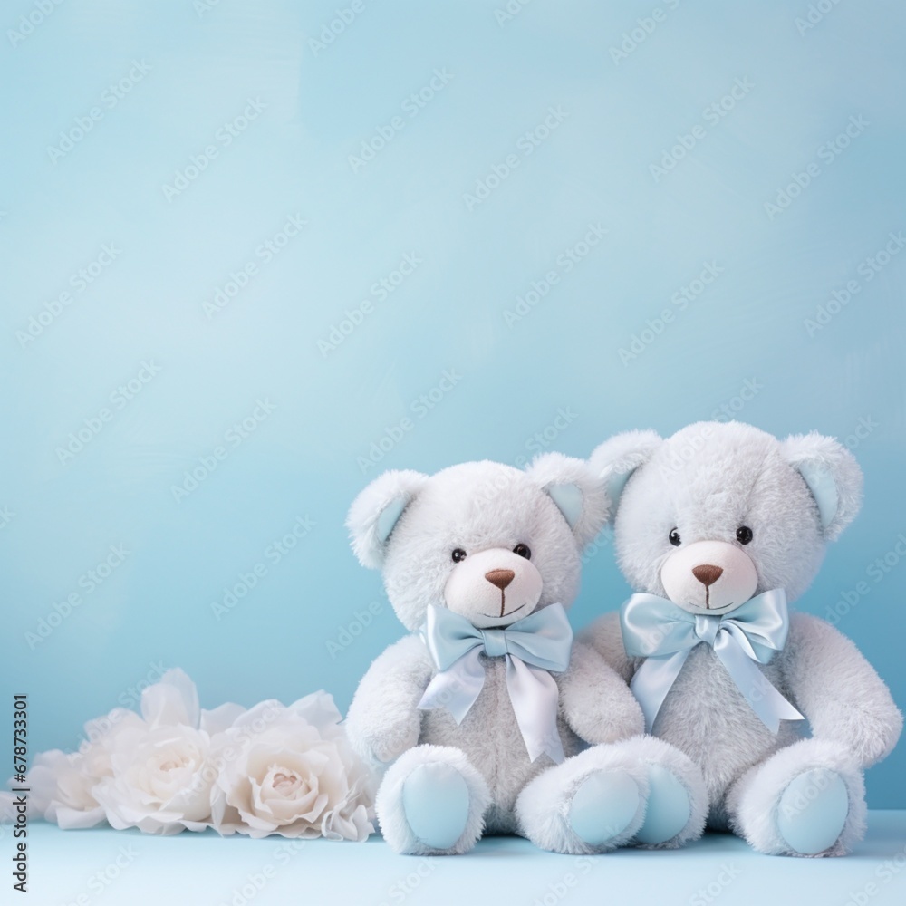 pastel blue background template with 2 teddy bears, AI generated