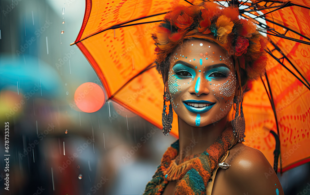 Fototapeta premium woman smiling holding an umbrella and colorful feathers in the rain