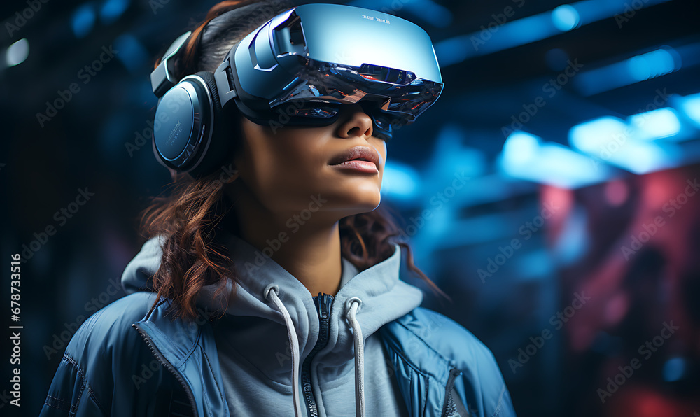 portrait of a woman wearing VR headset. - virtual reality gaming. portrait of a woman wearing VR headset. - virtual reality gaming.