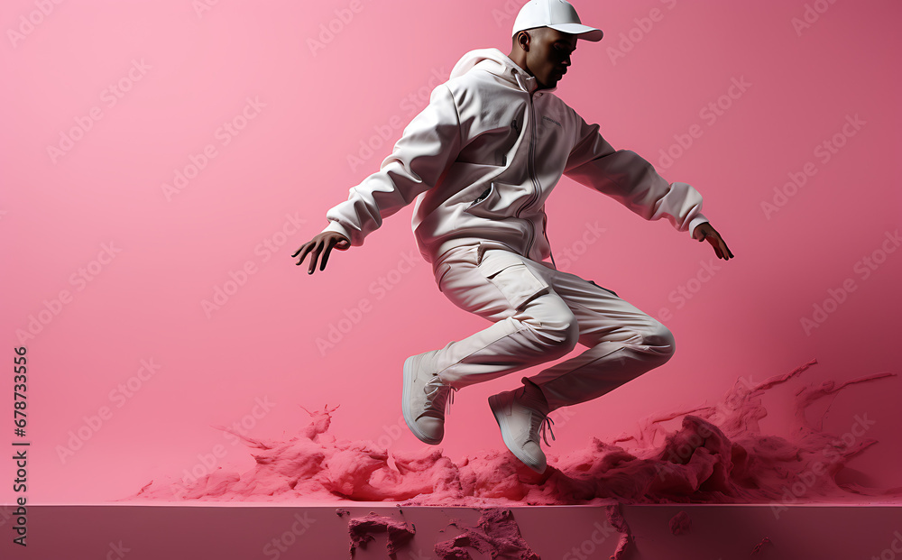 A man jumping on a pink background - Concept fashion shoot. 