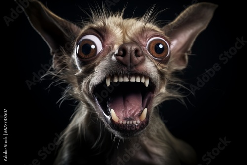 Close up of funny crazy chihuahua with angry face and open mouth on black background
