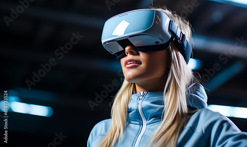 portrait of a woman wearing VR headset. - virtual reality gaming.