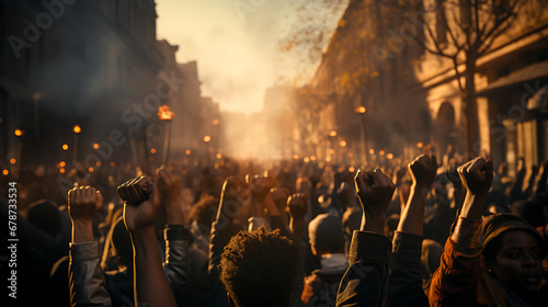 Thousands of strong people raising their fists in protest.  © LiezDesign