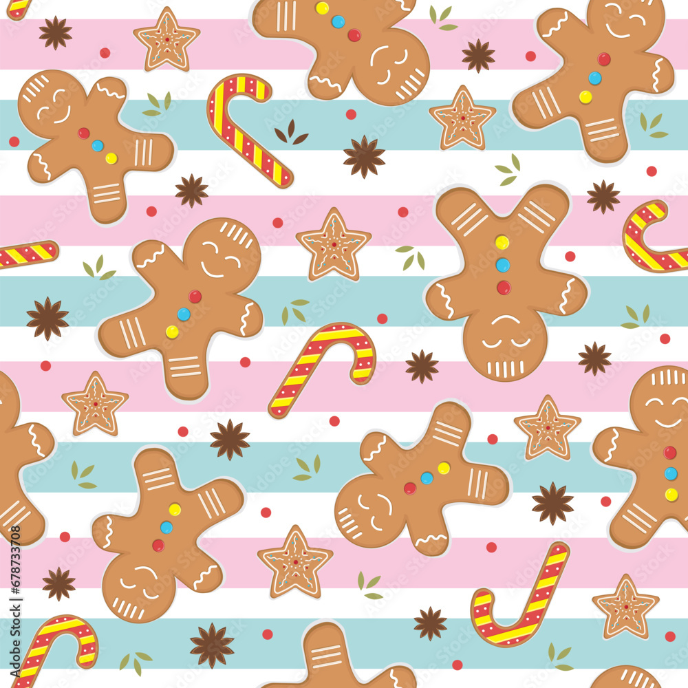 Christmas festive pattern with gingerbread man, vector illustration in cartoon style