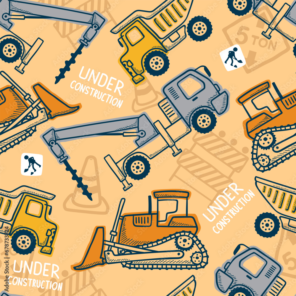 Seamless pattern vector of construction vehicles cartoon with industrial element in hand drawing concept